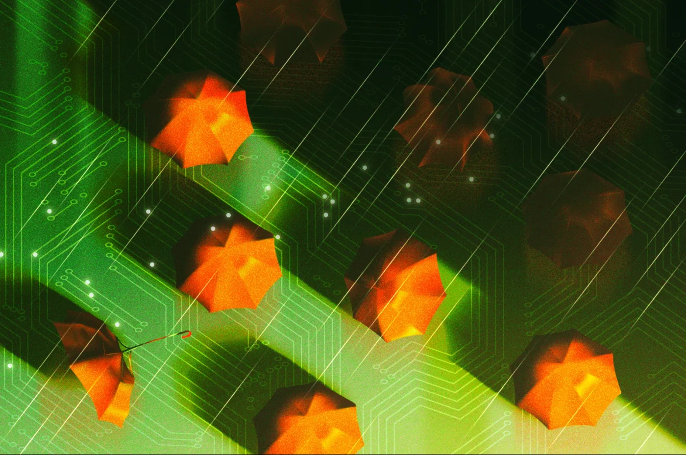 Illustration of umbrellas over a circuit board representing tech debt risk