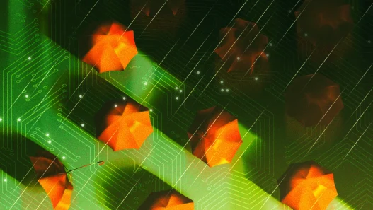 Illustration of umbrellas over a circuit board representing tech debt risk