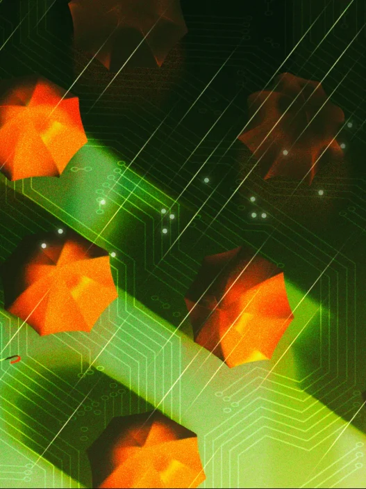 Illustration of umbrellas over a circuit board representing tech debt risk