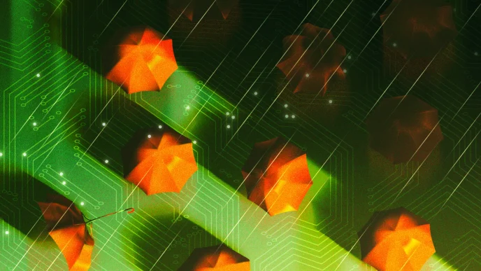 Illustration of umbrellas over a circuit board representing tech debt risk