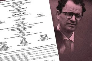 Anthropic's SEC Form S-1 filing alongside a portrait of CEO Dario Amodei