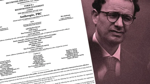 Anthropic's SEC Form S-1 filing alongside a portrait of CEO Dario Amodei