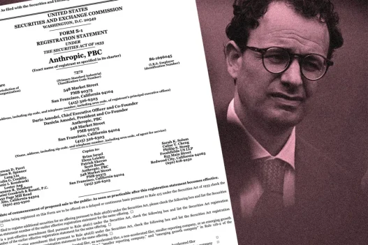 Anthropic's SEC Form S-1 filing alongside a portrait of CEO Dario Amodei