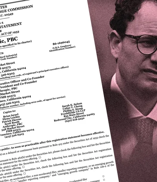 Anthropic's SEC Form S-1 filing alongside a portrait of CEO Dario Amodei