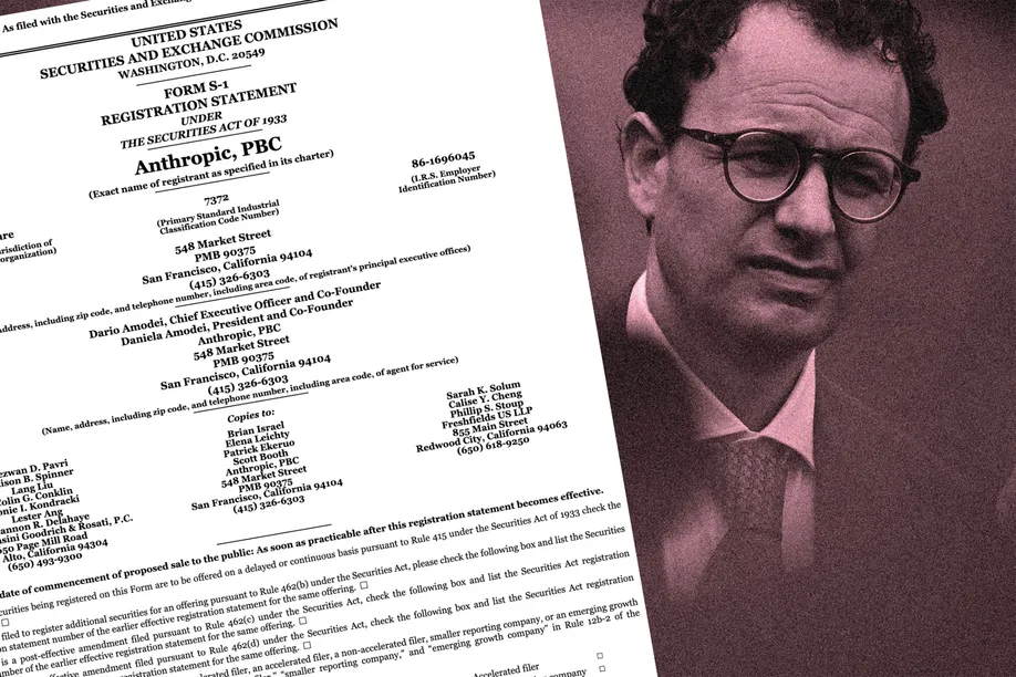 Anthropic's SEC Form S-1 filing alongside a portrait of CEO Dario Amodei