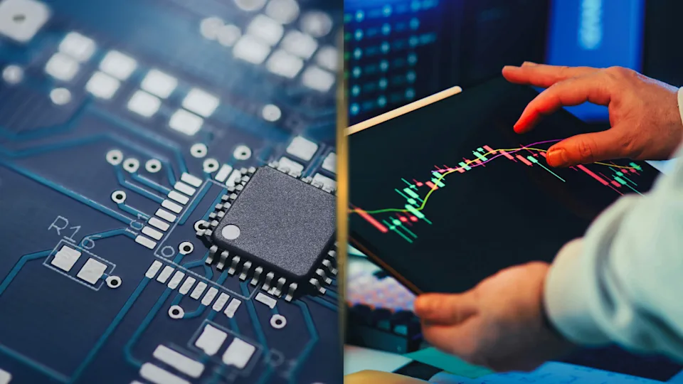 Semiconductor chip and stock trading chart composite